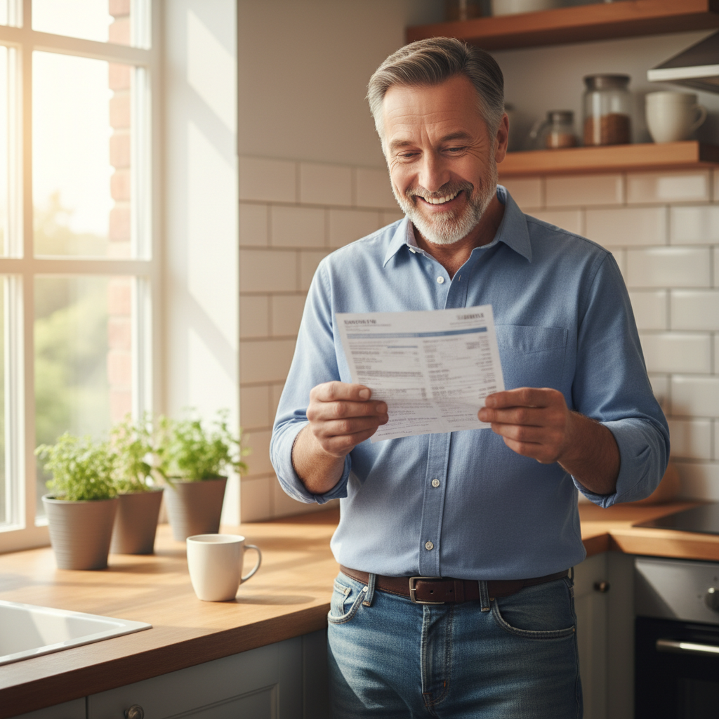 Happy homeowner reviewing energy bill savings