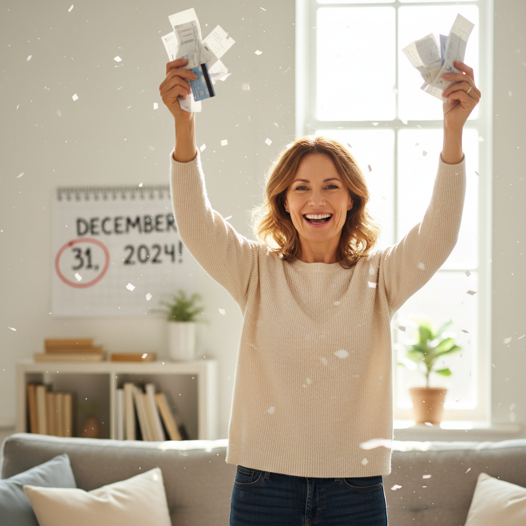 Woman celebrating debt freedom