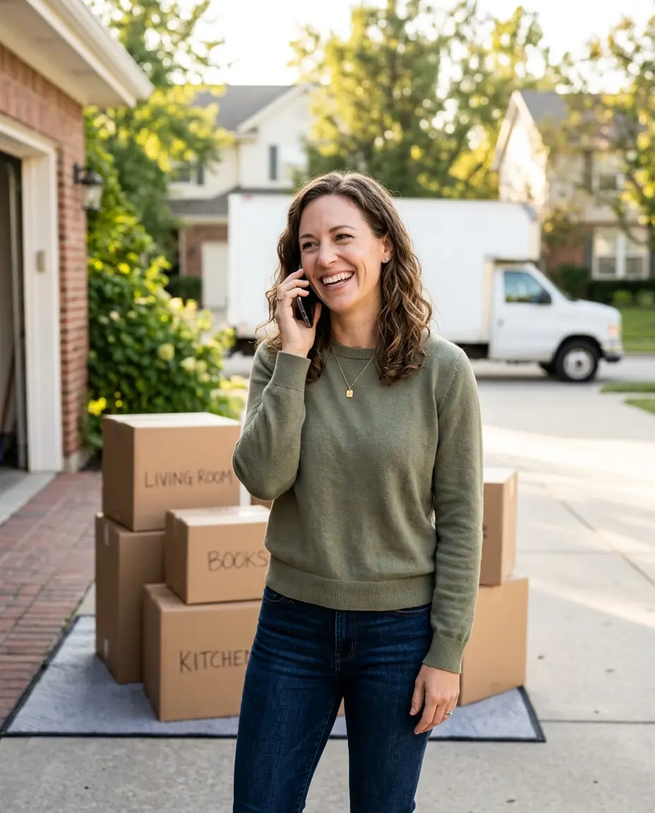 Woman calling Quotehiva for a long distance moving quote next to packed moving boxes