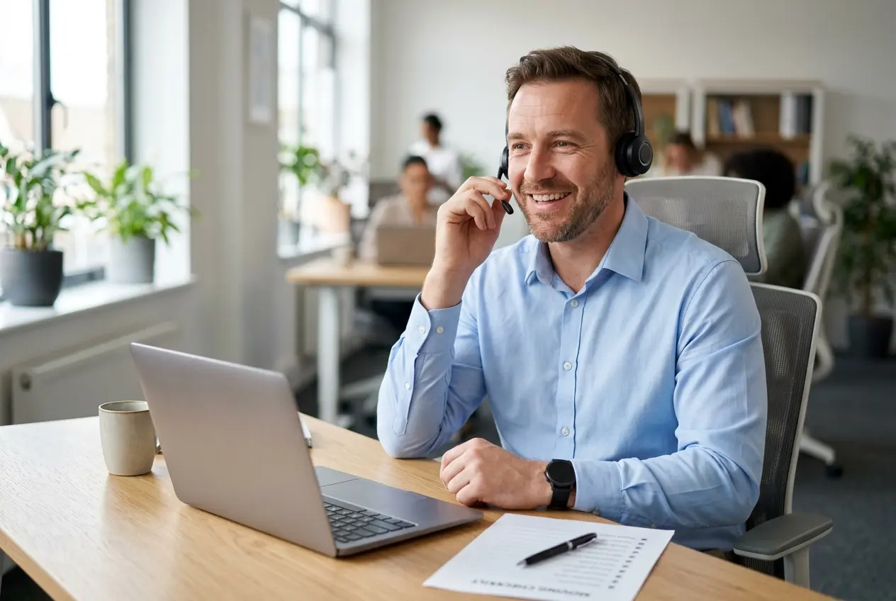 Quotehiva long distance moving specialist taking calls at his desk