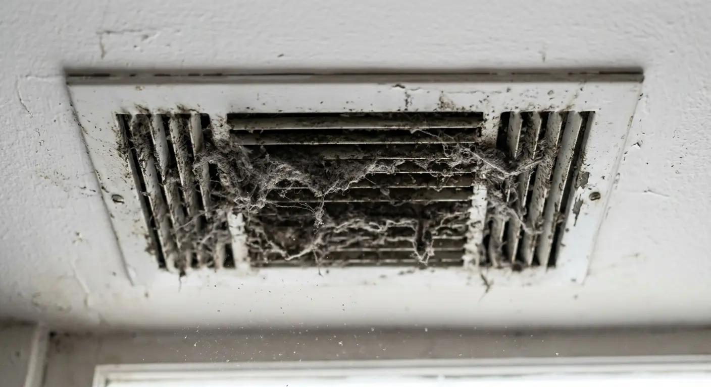 Ceiling vent grille clogged with thick dust and lint