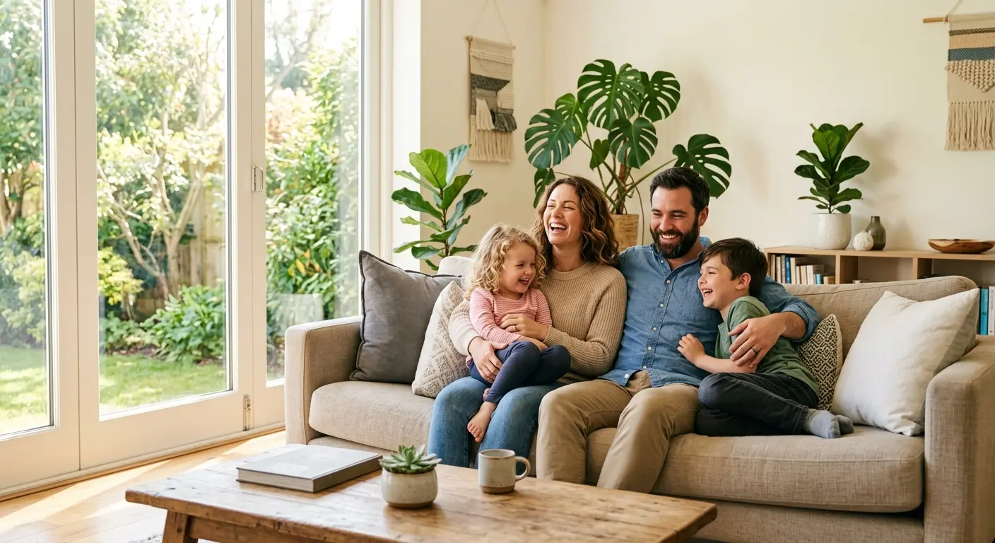 Family relaxing on a sofa in a bright, clean living room