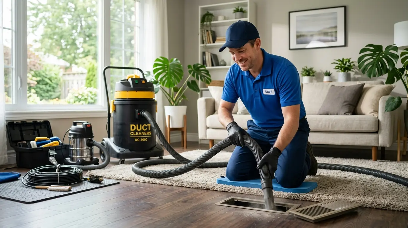 Air duct cleaning technician using a vacuum hose on a floor vent in a bright living room