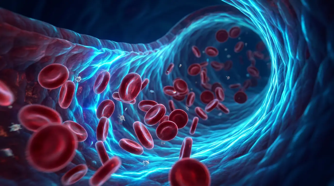 Healthy red blood cells flowing through an open blood vessel