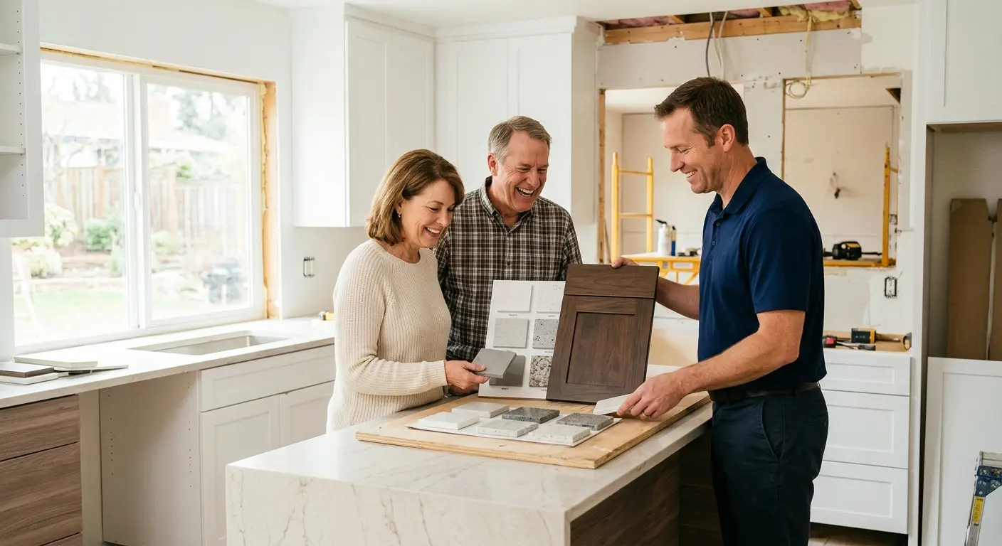 Kitchen remodeling consultant showing cabinet and countertop samples to homeowners
