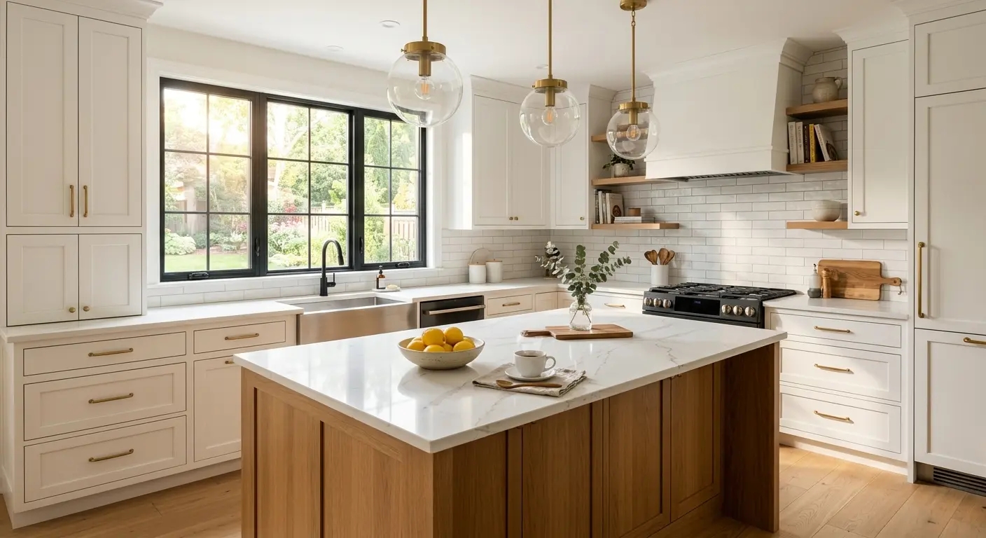 Bright remodeled kitchen with white cabinets, oak island and quartz countertops