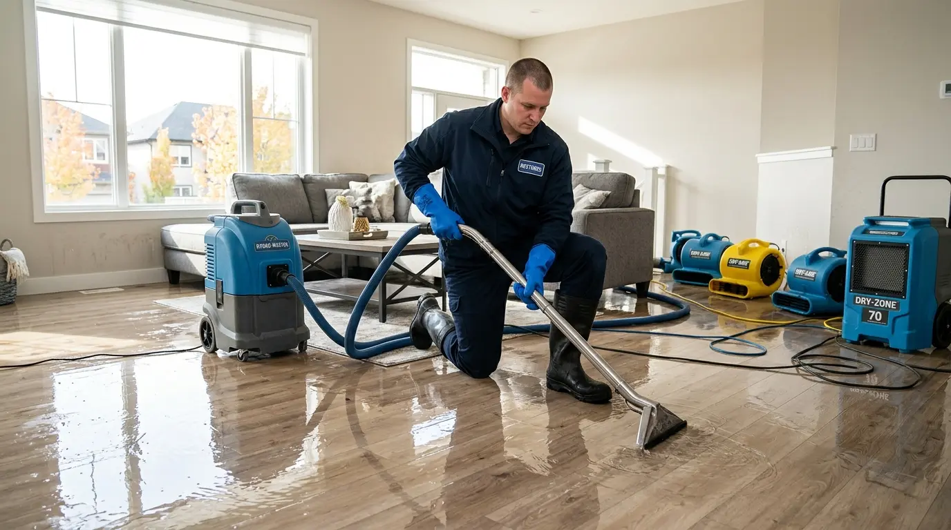 Water damage restoration technician extracting water