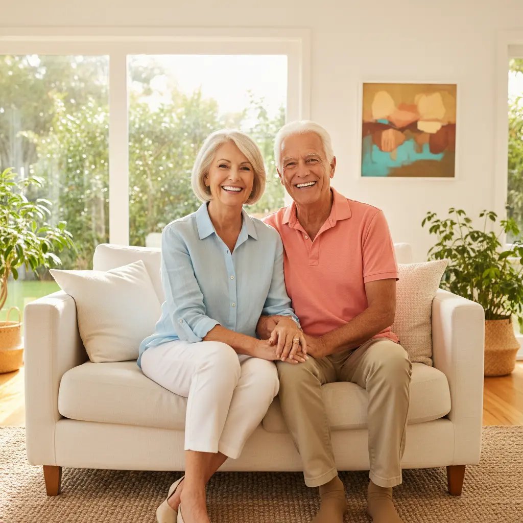 Happy senior Australian couple reviewing health insurance options