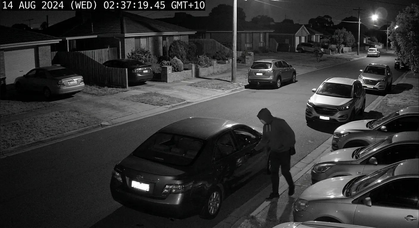 CCTV footage of car thief on residential street