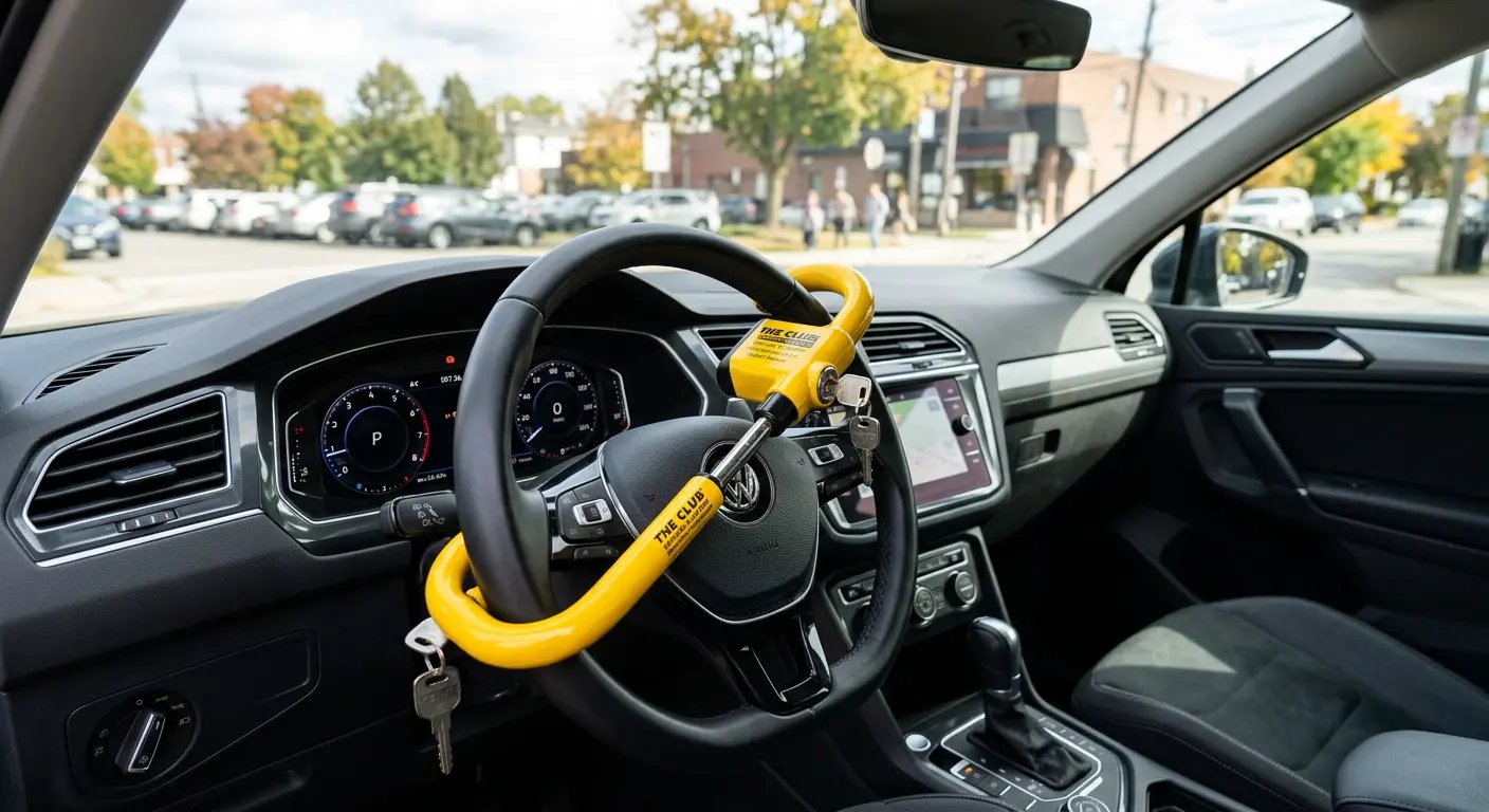 LOCK'D Car Defender installed on steering wheel