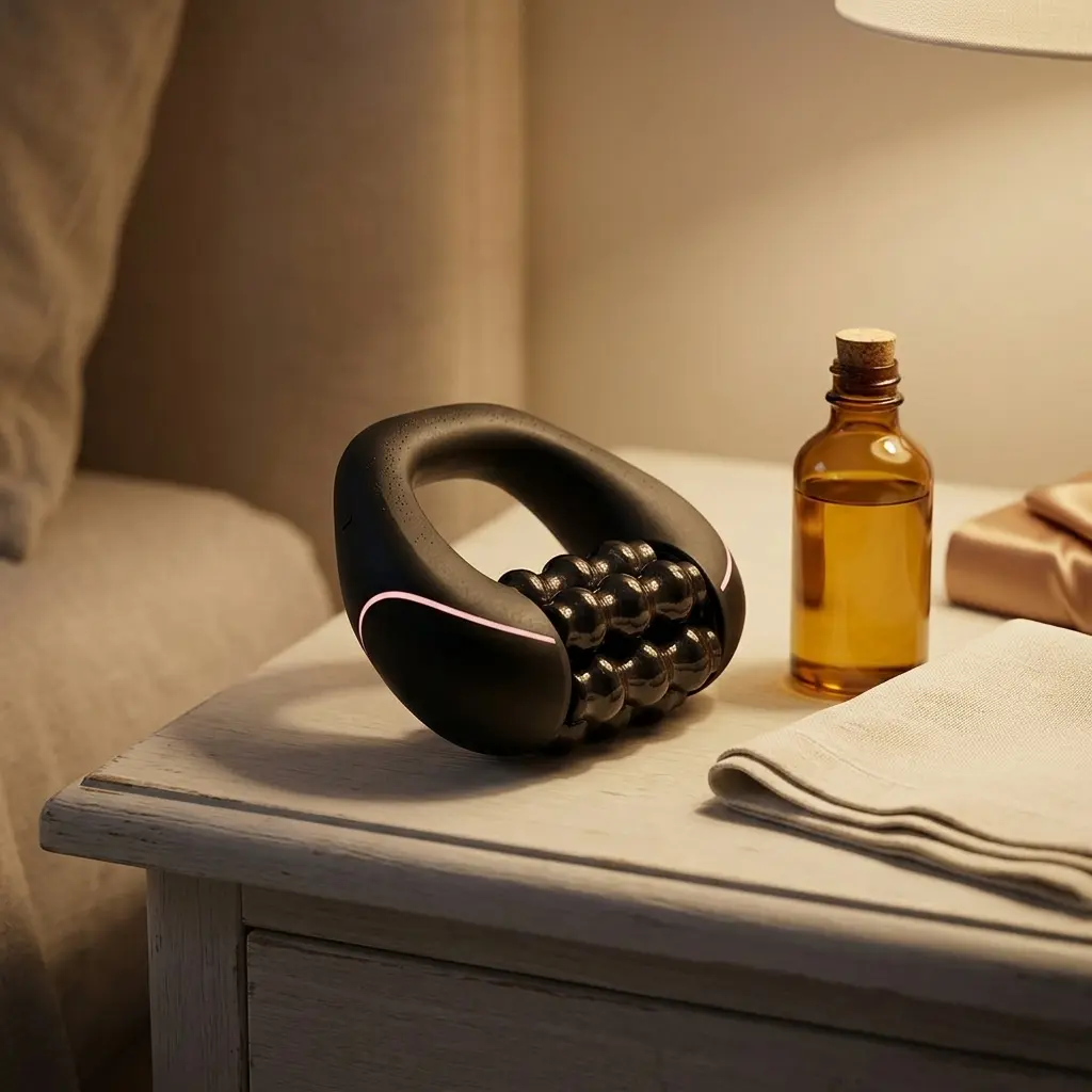 The ContourRoll massager beside a bottle of body oil at home