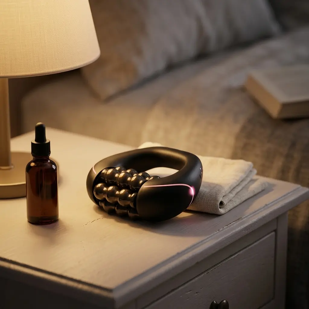 The ContourRoll massager resting on the bedside table between uses
