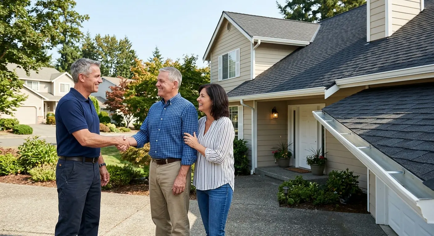 Homeowners speaking with a roofing professional