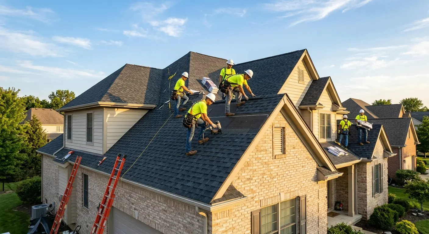 Roofing professionals working on a home
