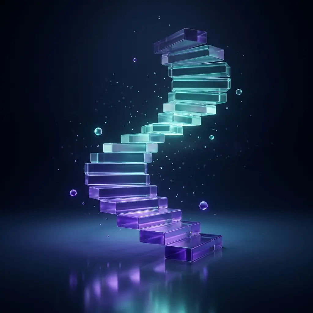 Abstract render of a rising staircase of glowing glass blocks