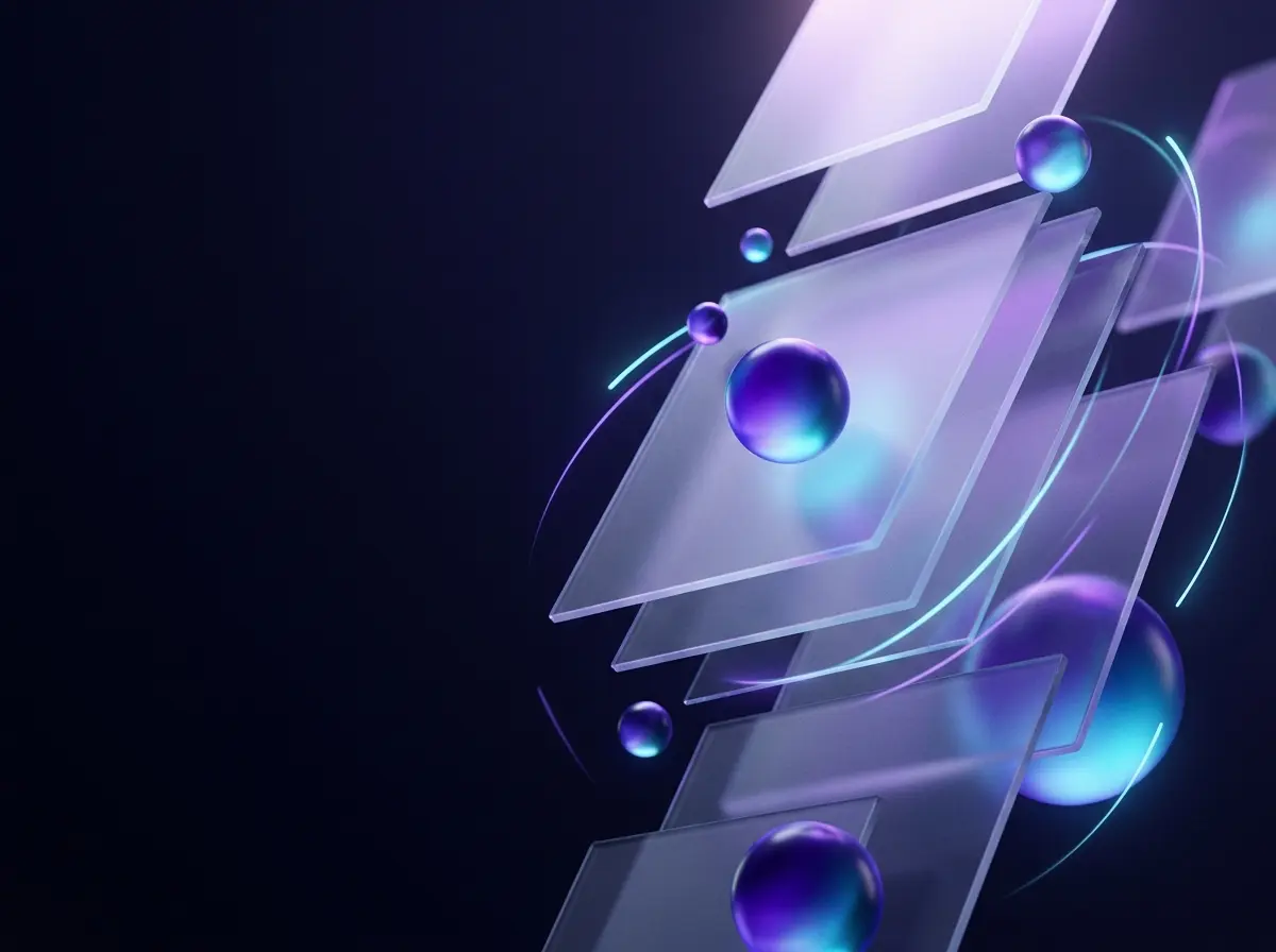 Abstract render of layered glass panels with glowing gradient shapes