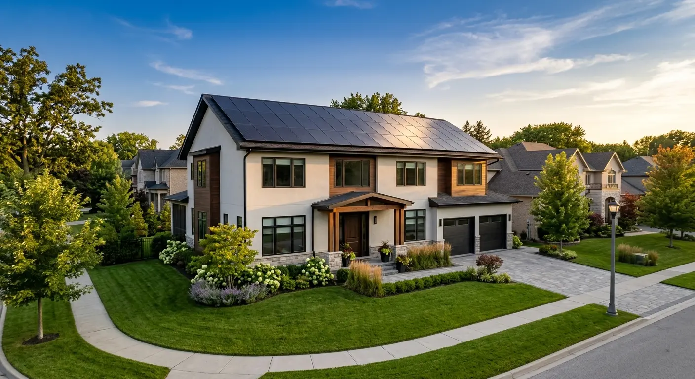 Suburban home with solar panels on the roof at golden hour