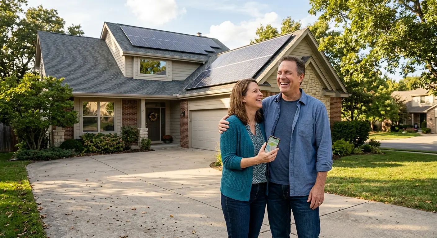 Homeowners checking their new solar savings on a phone outside their home