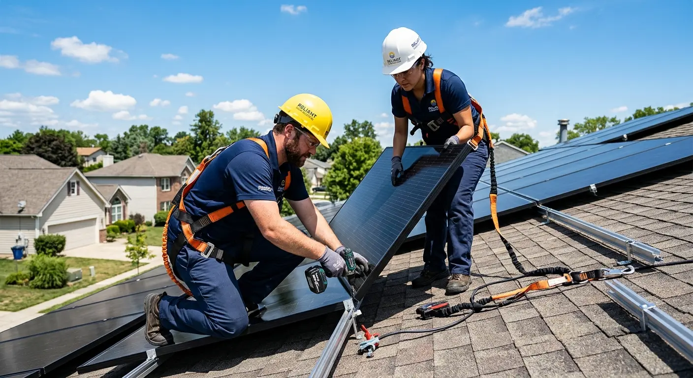 Licensed installers mounting solar panels on a residential roof