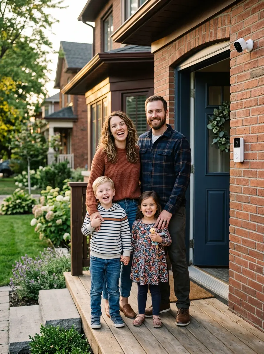 Family standing outside their protected home