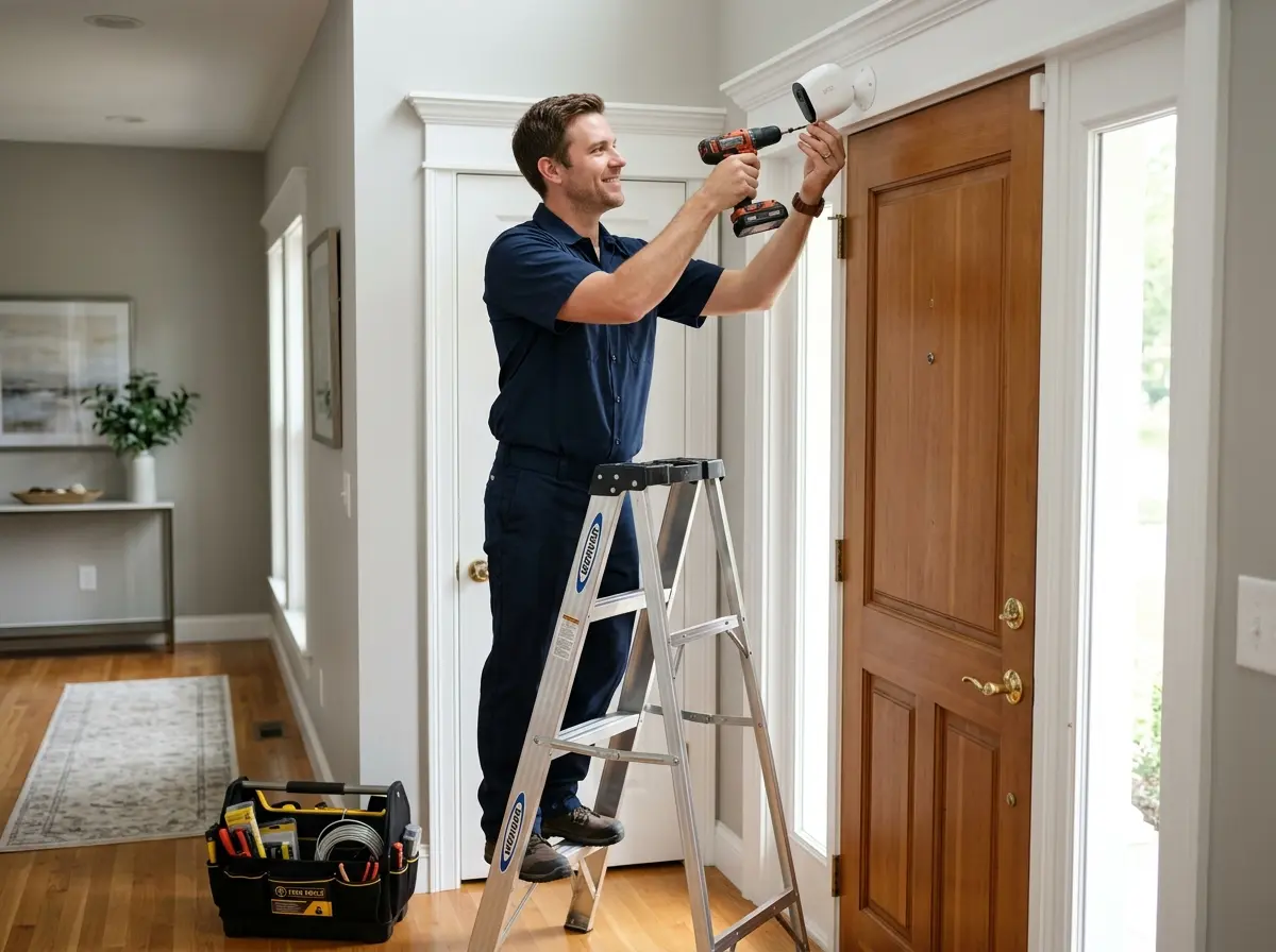 Technician installing home security camera