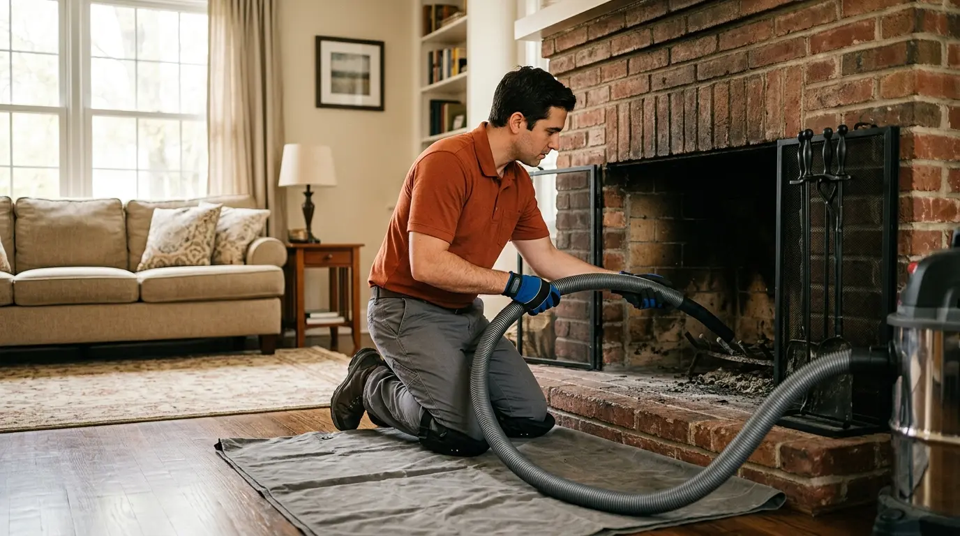 QuoteHiva technician laying drop cloths and cleaning a brick fireplace in a living room