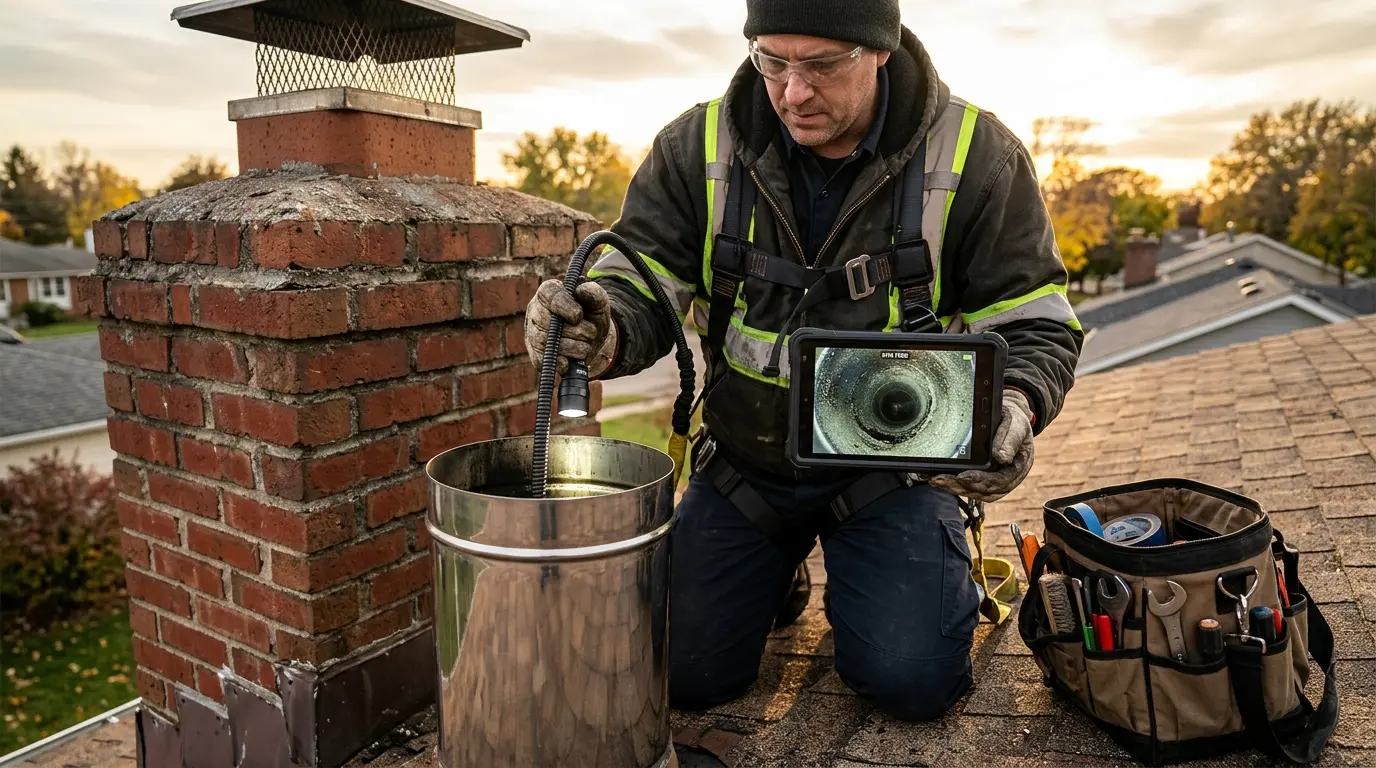 QuoteHiva technician checking a chimney flue on camera with a tablet on the roof