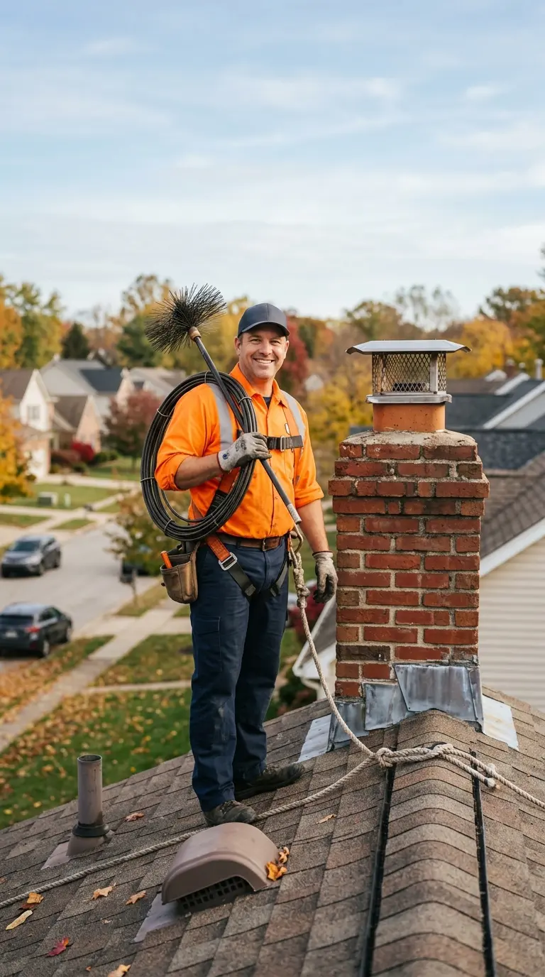 Certified chimney sweep from QuoteHiva working on a brick chimney on a house roof