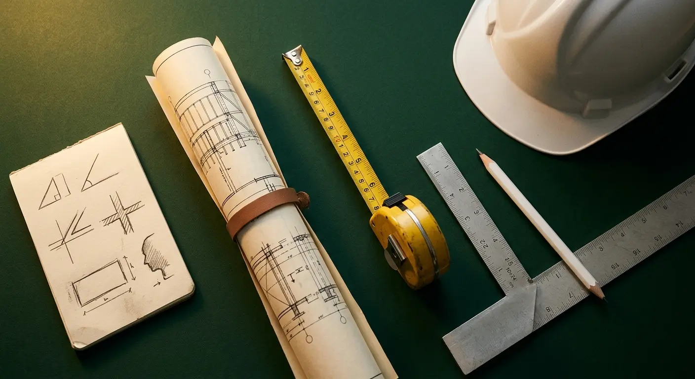 Measuring tape, framing square and blueprints on a dark green work surface