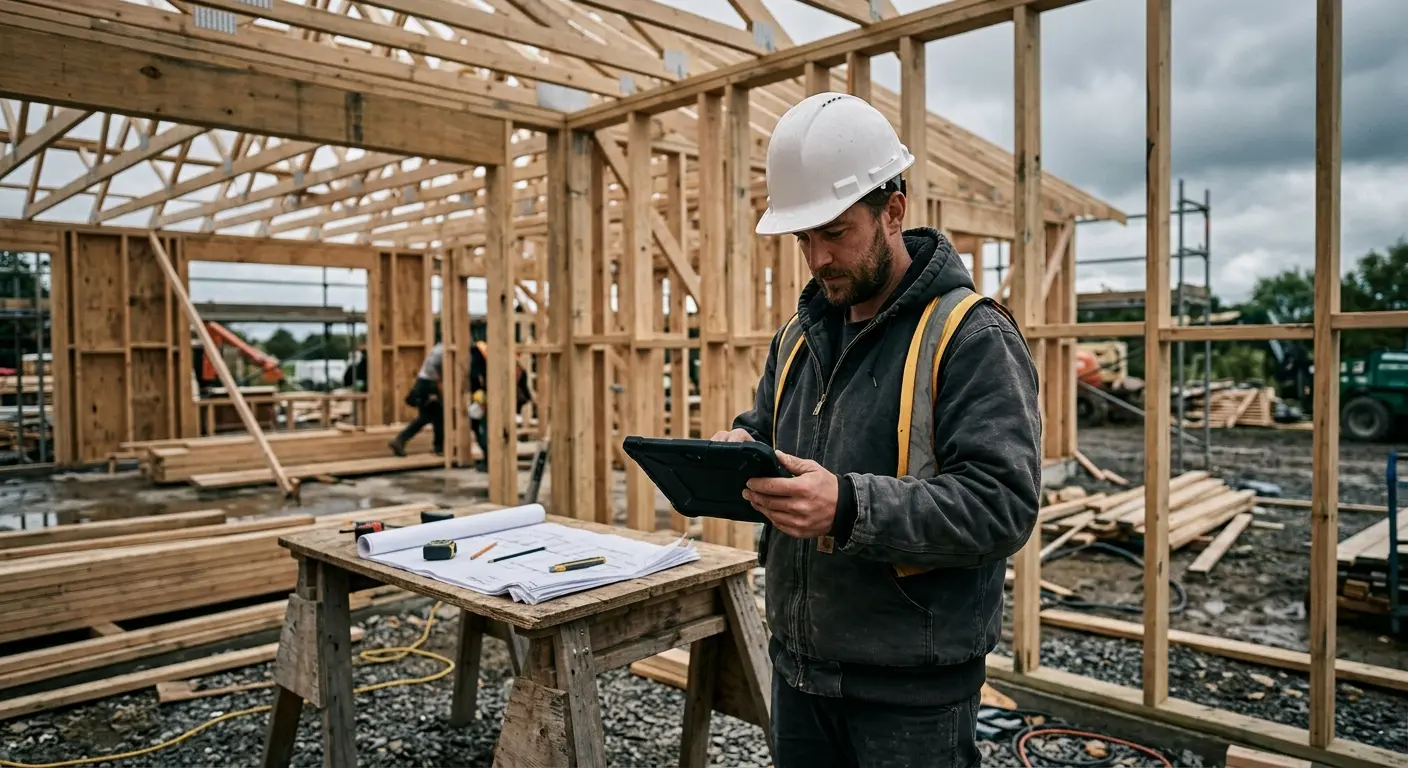 Builder on site holding a tablet with plans on a table nearby
