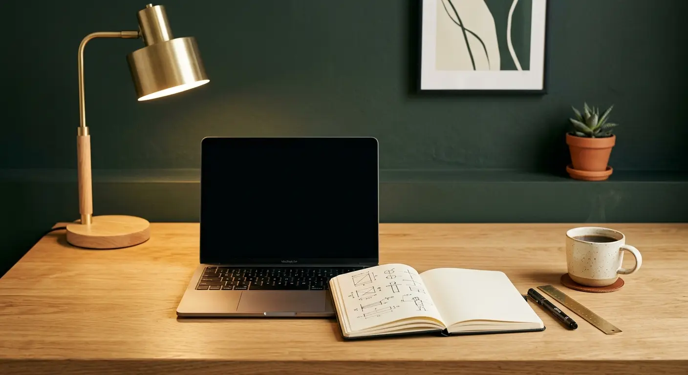 Minimal workspace with a laptop, notebook and ruler against a deep green wall