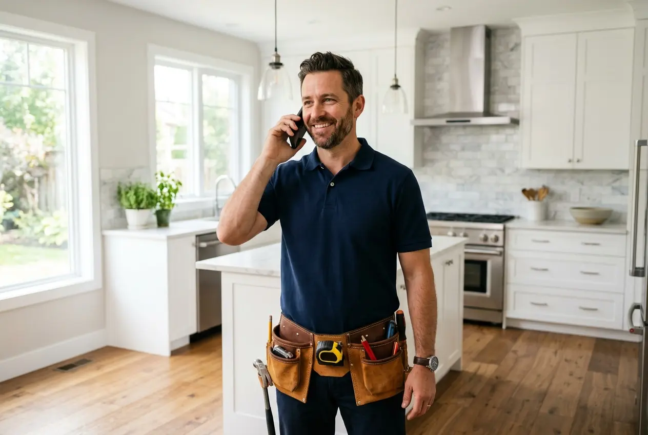 Home improvement contractor taking a QuoteHiva call inside a renovated kitchen