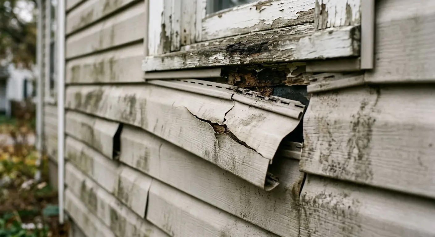 Old siding with cracks and water damage
