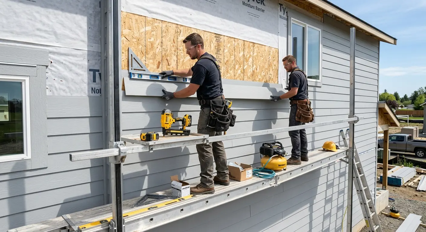 Two professional installers fitting siding