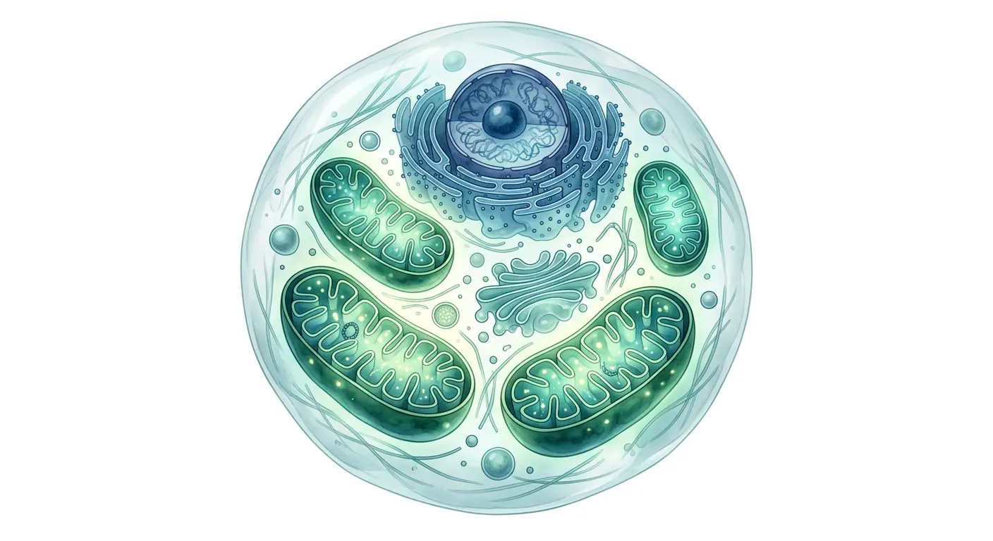 Scientific illustration of mitochondria inside human cells — the tiny cellular engines responsible for energy production and fat metabolism