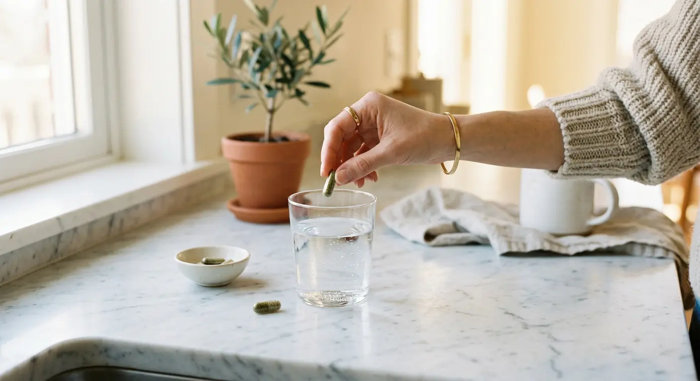 A glass of water and a natural supplement on a kitchen counter in morning light — representing the simple daily wellness habit described in this article