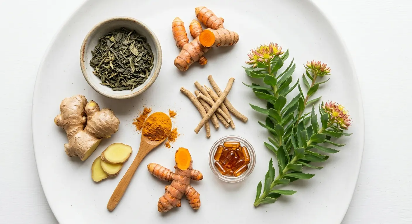 A natural arrangement of botanical ingredients including green tea, turmeric, ginger, and adaptogenic herbs used in the plant-based formula
