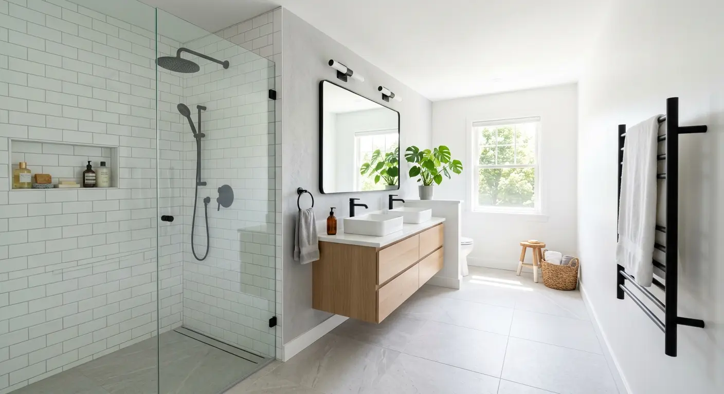Modern remodeled bathroom with walk-in glass shower and vanity