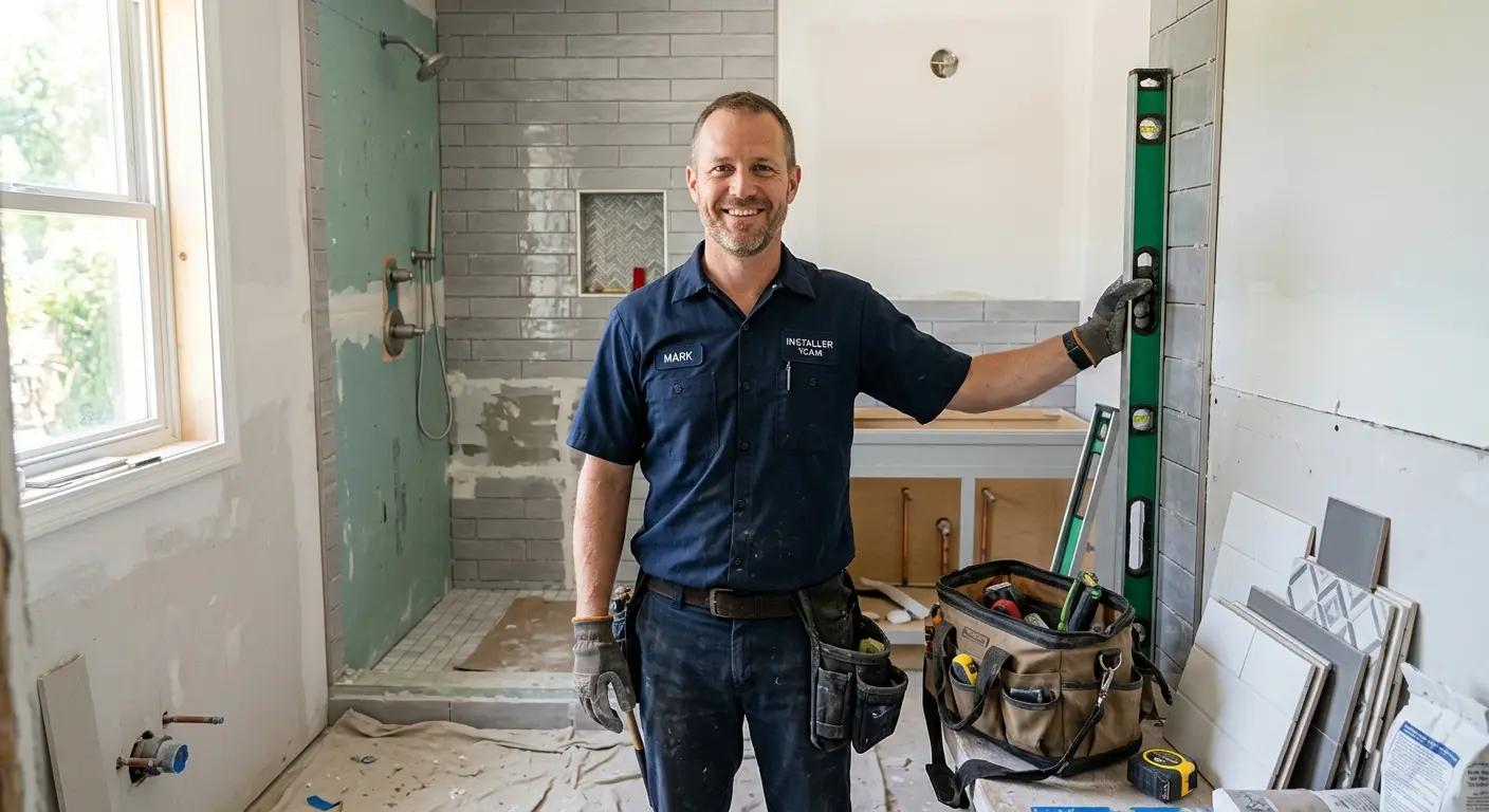 Professional bathroom installer working on a remodel