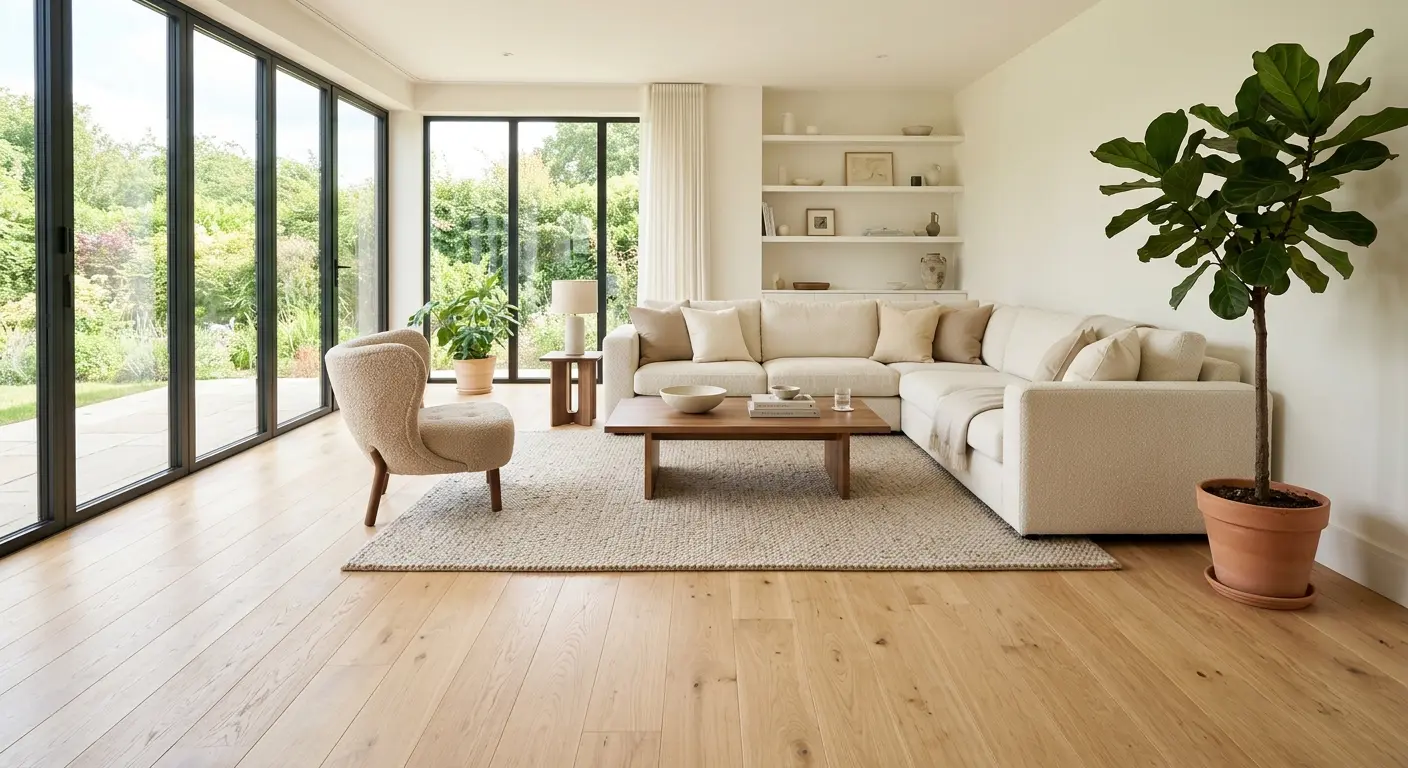 Bright living room with new wide-plank oak hardwood floors