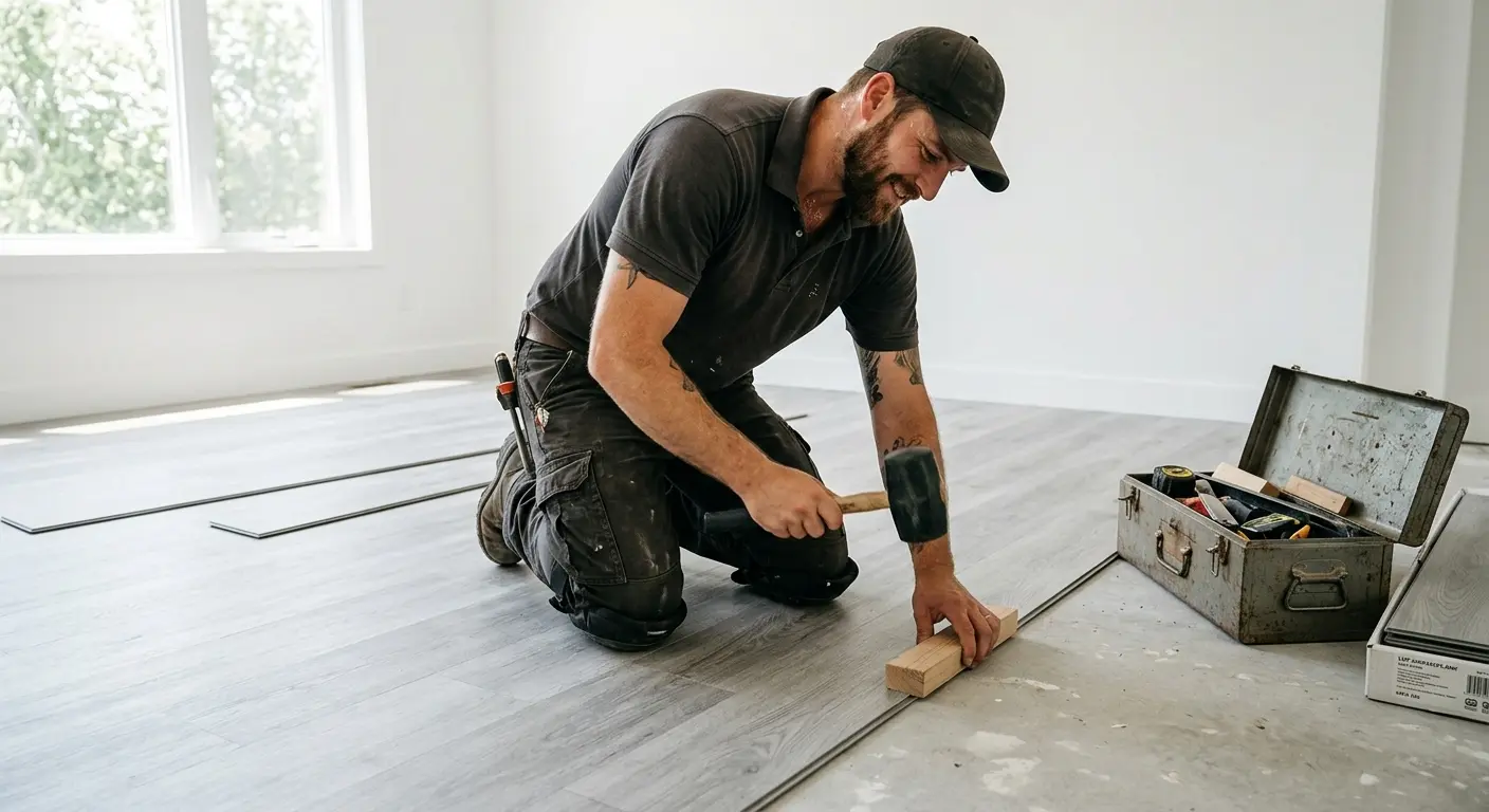 Flooring installer laying luxury vinyl plank flooring