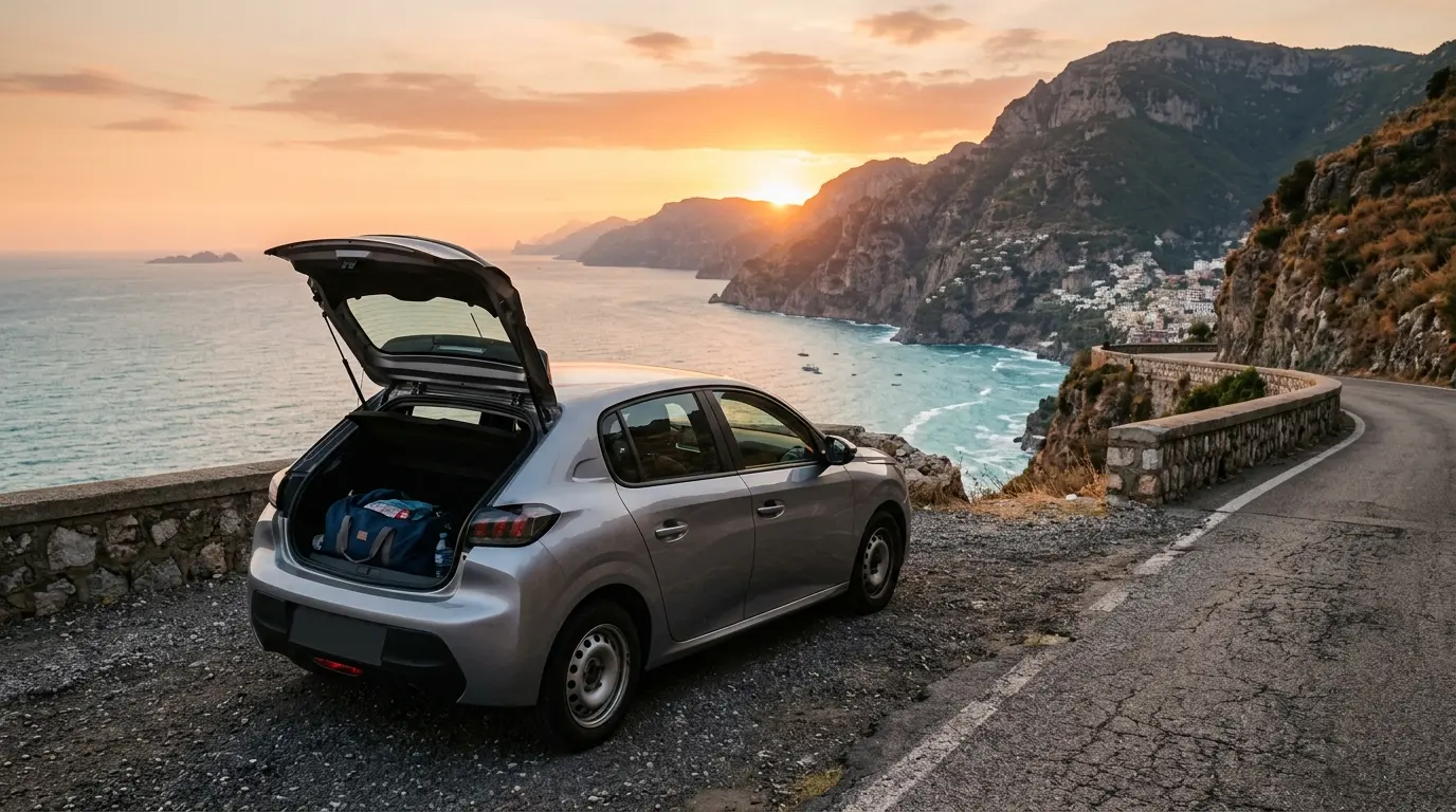 Compact rental car parked at a coastal viewpoint at sunset